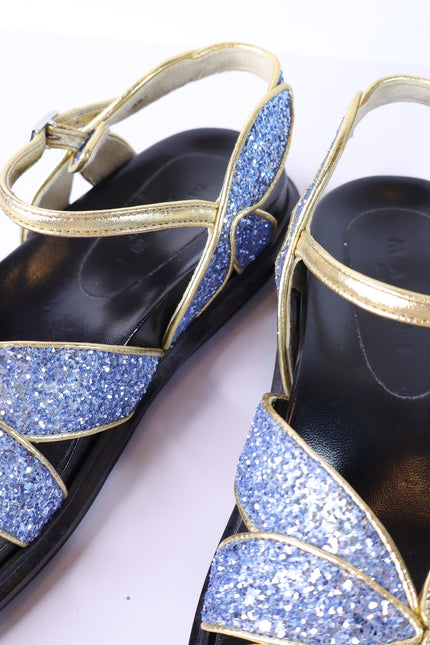 MARNI Flat Glitter Sandals Blue and Gold Butterfly Ankle Strap Women's 38/US 8