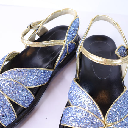 MARNI Flat Glitter Sandals Blue and Gold Butterfly Ankle Strap Women's 38/US 8