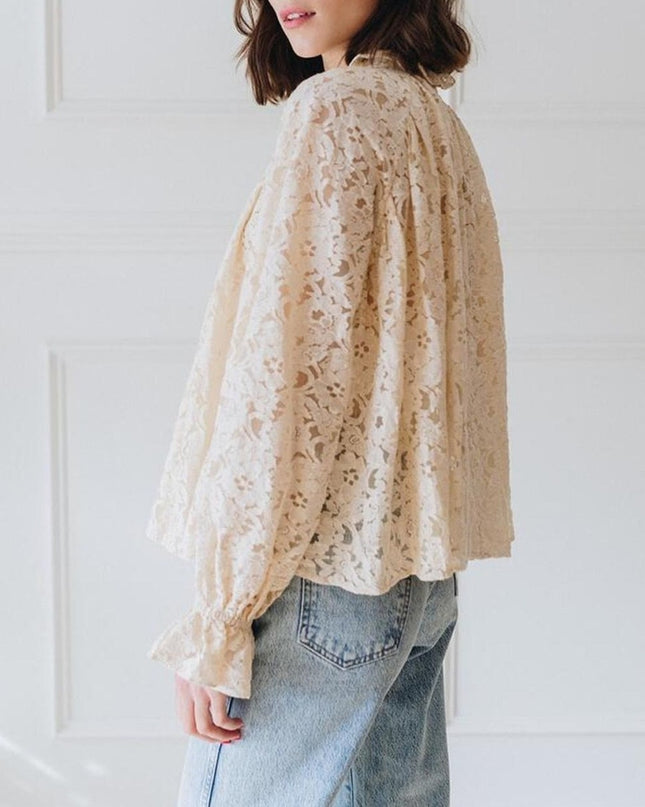 Mille Chantal Lace Blouse with Cami Vanilla Mock Neck Long Sleeve Women's XS