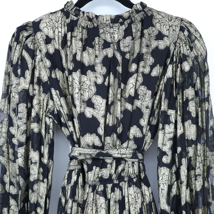 Mille Marlo Dress Black Gold Metallic Jacquard Belted Long Sleeve Women's XXS