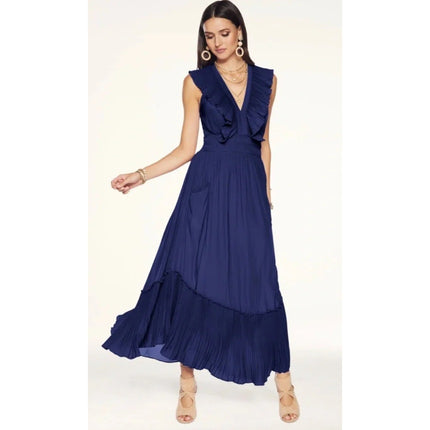 RAMY BROOK Camden Ruffle Maxi Dress Navy Blue Accordion Pleat V Neck Women's M