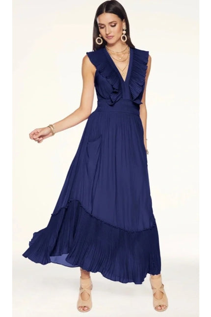 RAMY BROOK Camden Ruffle Maxi Dress Navy Blue Accordion Pleat V Neck Women's M
