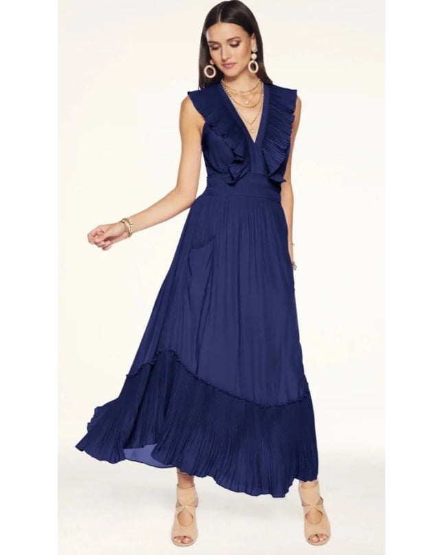 RAMY BROOK Camden Ruffle Maxi Dress Navy Blue Accordion Pleat V Neck Women's M