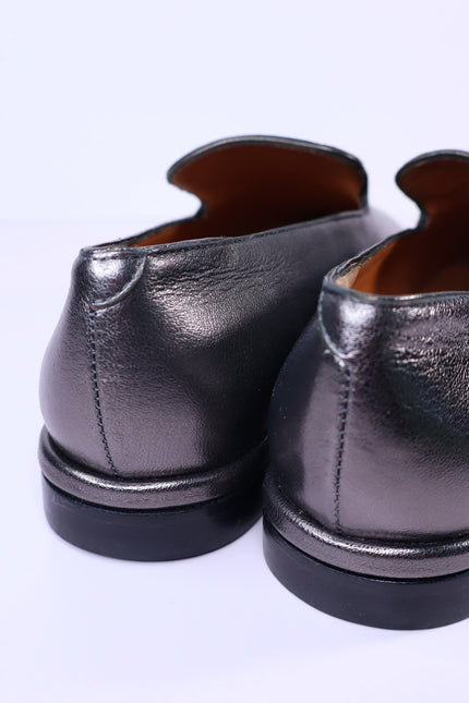 CLERGERIE Olympia Leather Smoking Loafers Pewter Metallic Flats Women's 39.5