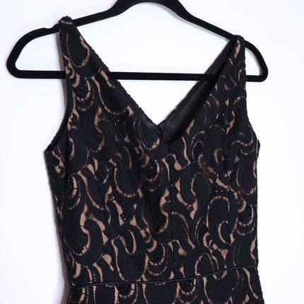 BADGLEY MISCHKA Lace Overlay Cocktail Dress Black V Neck Knee Length Women's 0