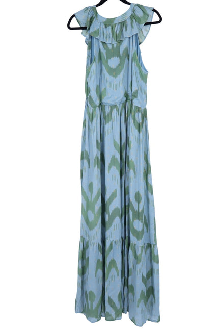 OLIPHANT Ruffle V-Neck Maxi Dress Chitka Blue Green Printed Sleeveless Women's L