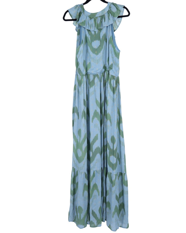 OLIPHANT Ruffle V-Neck Maxi Dress Chitka Blue Green Printed Sleeveless Women's L