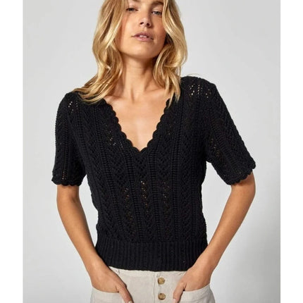 Alp n Rock Eileen Sweater Black V Neck Pointelle Knit Pullover Women's S
