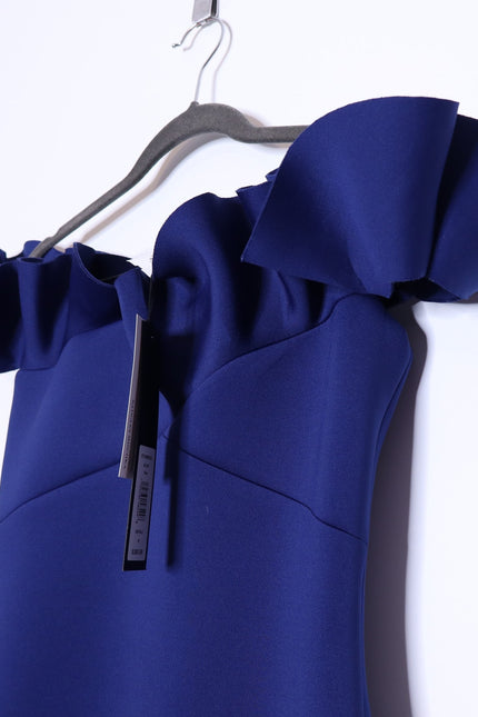 BADGLEY MISCHKA Ruffled Off-Shoulder Sheath Dress Navy Stretch Scuba Women's 4
