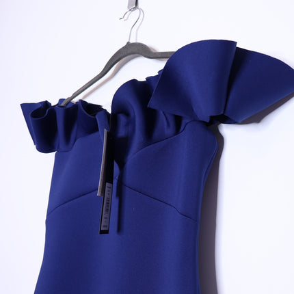 BADGLEY MISCHKA Ruffled Off-Shoulder Sheath Dress Navy Stretch Scuba Women's 4