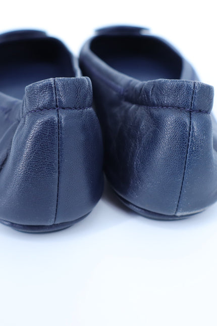 TORY BURCH Reva Flats Navy Blue Leather Slip On Travel Ballet Shoe Women's 6.5