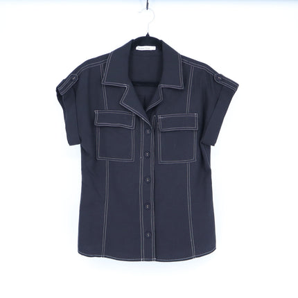 Brave + True Portia Shirt Black Contrast Stitch Roll Tab Sleeve Women's XS