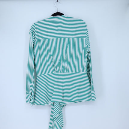 Veronica Beard Claude Button Up Blouse Green White Stripe Asymmetric Women's L