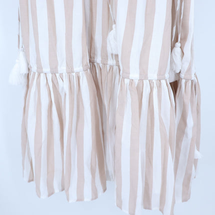 Mille Natalia Midi Dress Beige White Stripe NWT Tasseled Tiered Women's XS
