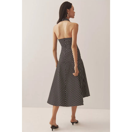 MAEVE Halter Ruched Midi Dress Black Polka Dot NWT Sleeveless Women's 10