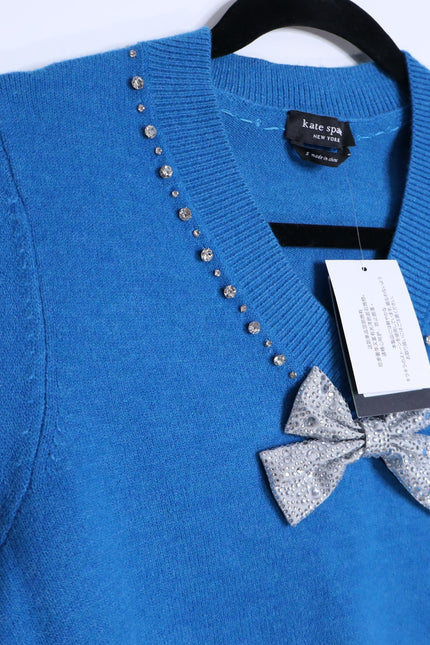 KATE SPADE NWT Bow Embellished V Neck Sweater Bright Cerulean Women's S