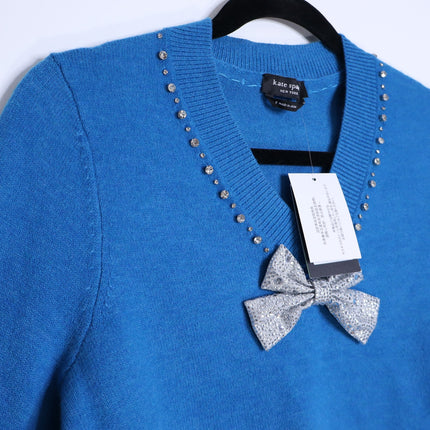 KATE SPADE Bow Embellished V Neck Sweater NWT Bright Cerulean Women's S