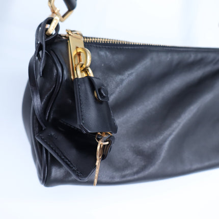 PRADA Semitracolla Leather Mini Shoulder Bag Black w Gold Purse Lockable Luxury