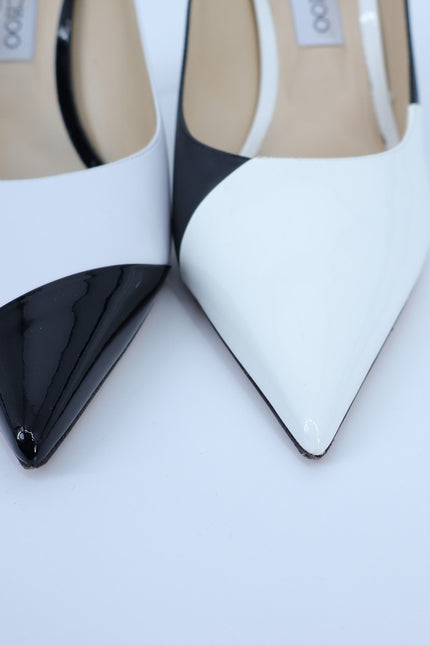 JIMMY CHOO Love 85 Asymmetric Pumps White Black Pointed Toe Women's 40.5/US 10.5