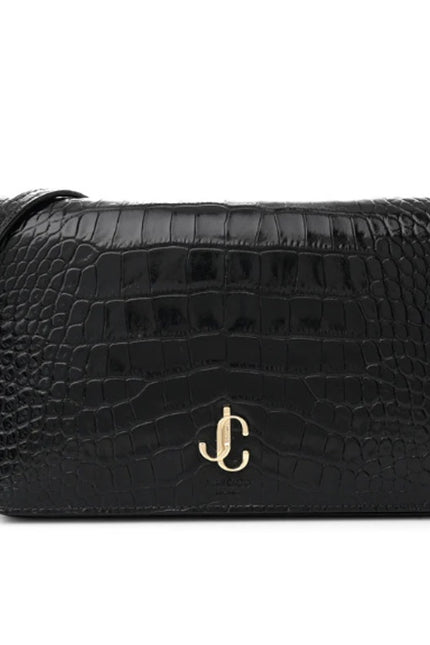 JIMMY CHOO Palace Croc-Embossed Crossbody Purse Black Leather and Chain Strap
