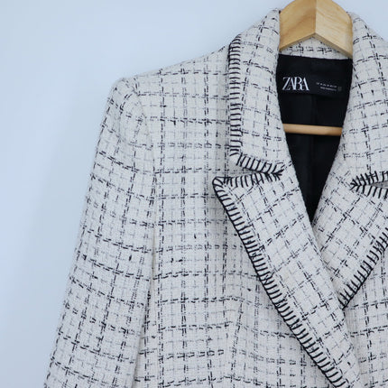 Zara Double Breasted Textured Jacket Ecru Black Tweed Long Sleeve Women's M