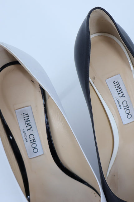 JIMMY CHOO Love 85 Asymmetric Pumps White Black Pointed Toe Women's 40.5/US 10.5