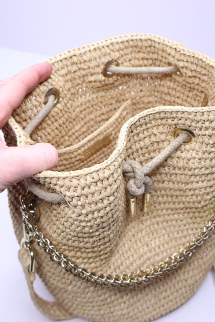 PACO RABANNE Natural Raffia Bucket Bag Gold Chain Link Top Handle Crossbody Bag