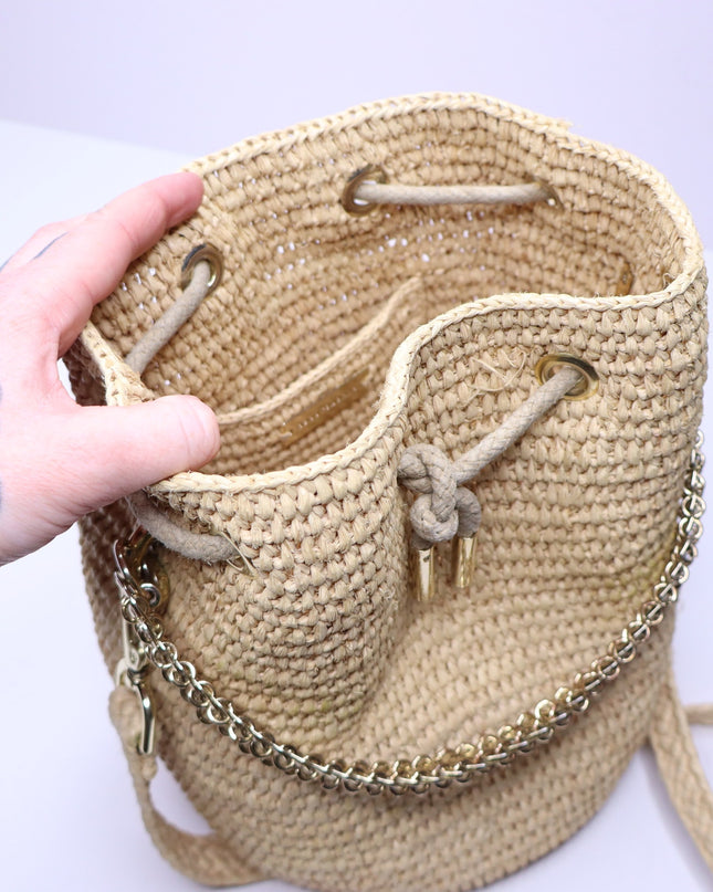 PACO RABANNE Natural Raffia Bucket Bag Gold Chain Link Top Handle Crossbody Bag