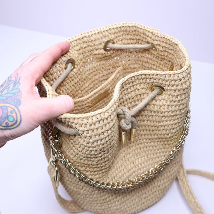 PACO RABANNE Natural Raffia Bucket Bag Gold Chain Link Top Handle Crossbody Bag