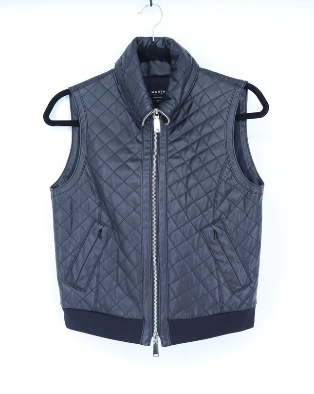Worth New York Quilted Faux Leather Vest Black Full Zip Collared Women's XSP
