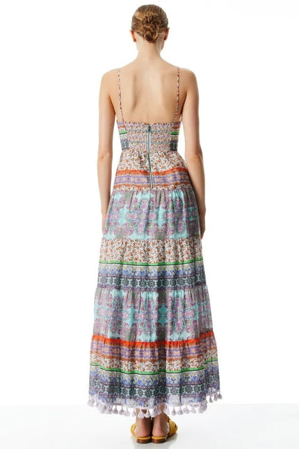 ALICE + OLIVIA Minka Tassel Fringe Maxi Dress Ritzy Multi Tie Front Women's 8