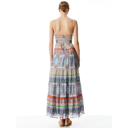 ALICE + OLIVIA Minka Tassel Fringe Maxi Dress Ritzy Multi Tie Front Women's 8