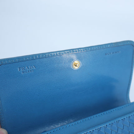 Prada Woven Leather Madras Wristlet Wallet Teal Purse Clutch Bag