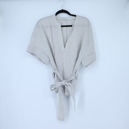 Vince Self Tie V Neck Blouse White Gray Striped Cuffed Sleeve Women's L