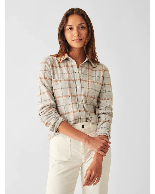Faherty Legend Sweater Shirt Open Tundra Grey Windowpane Button Down Women's M