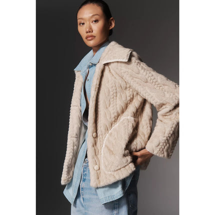 Avec Les Filles Faux Fur Cable Knit Jacket Beige Button Up Collared Women's XS