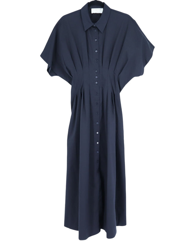 EXQUISE The Tobie Shirt Dress Black Pleated Maxi Short Sleeve Women's M