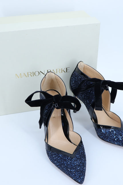 MARION PARKE Molly Glitter Heel Pumps Blue Iris NIB Pointed Toe Women's 37/US 7