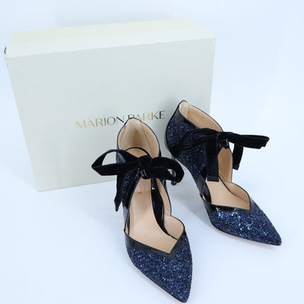 MARION PARKE Molly Glitter Heel Pumps Blue Iris NIB Pointed Toe Women's 37/US 7