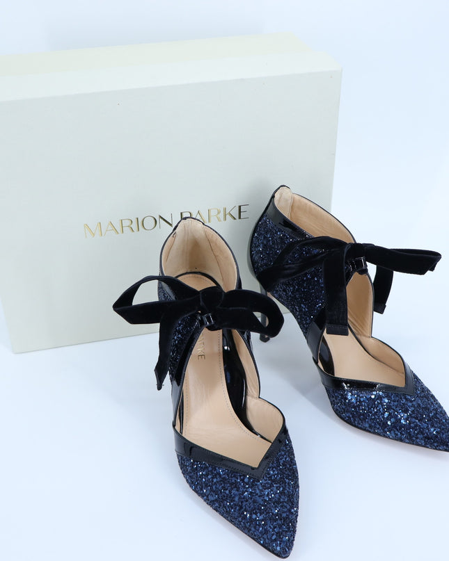 MARION PARKE Molly Glitter Heel Pumps Blue Iris NIB Pointed Toe Women's 37/US 7