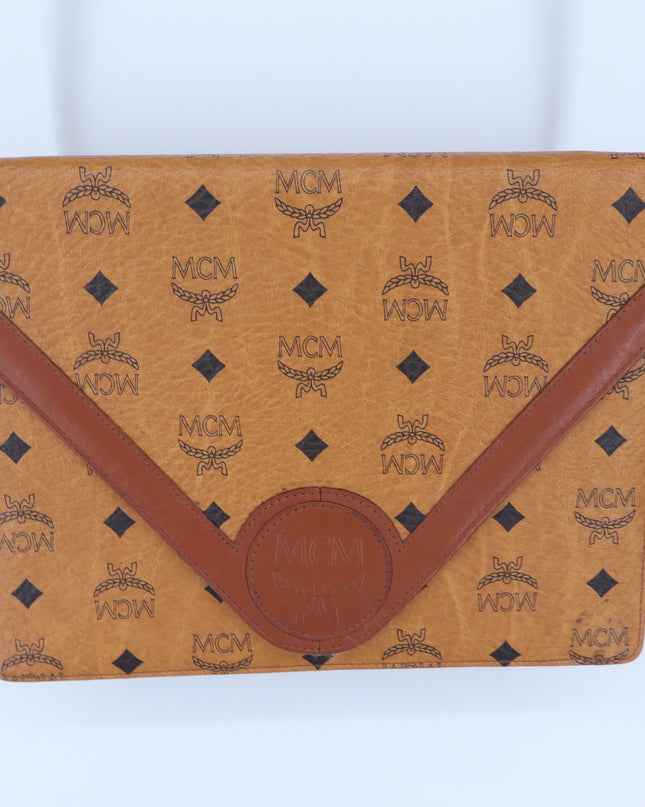 MCM Vintage Visetos Envelope Monogram Crossbody Bag Cognac and Black