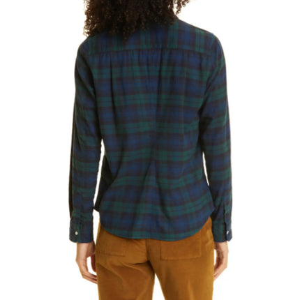 Frank & Eileen Barry Cotton Shirt Navy Green Plaid Button Up Blouse Women's XS