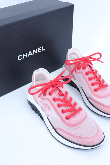 CHANEL Red White Mesh Sneakers NIB Tennis Trainers Active Women's 38/US 7.5