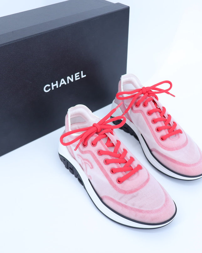 CHANEL Red White Mesh Sneakers NIB Tennis Trainers Active Women's 38/US 7.5