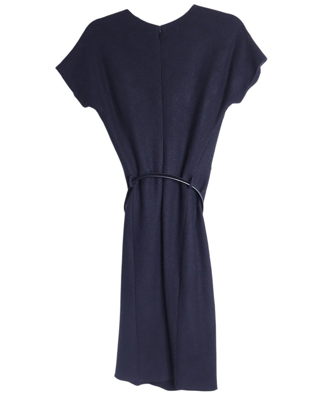 GUCCI Wool Surplice GG Belted Sheath Dress Black Short Sleeve Women's M