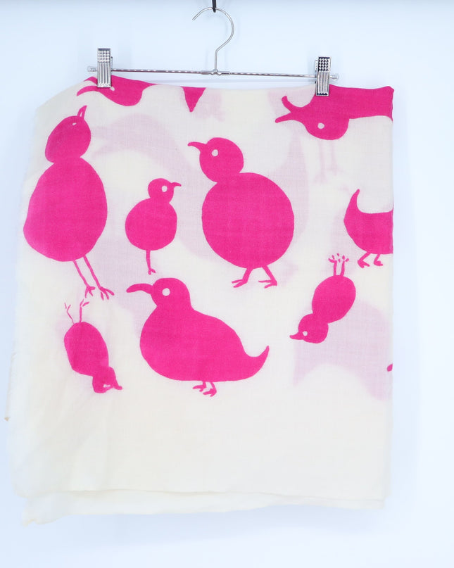 VIRGINA JOHNSON Duck Print Wool Scarf Ivory and Pink Woven Shawl Wrap