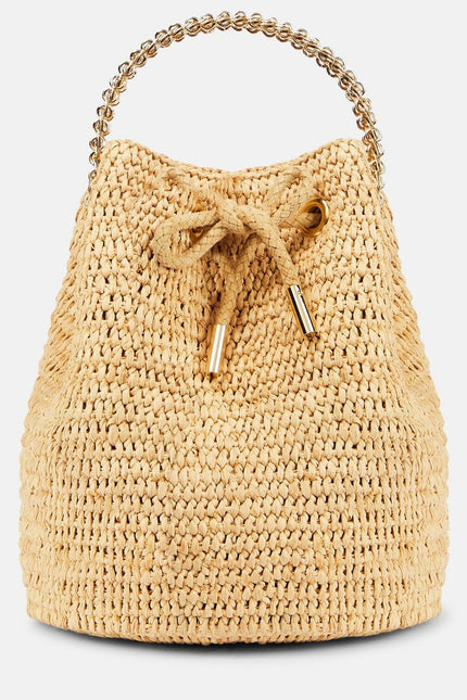 PACO RABANNE Natural Raffia Bucket Bag Gold Chain Link Top Handle Crossbody Bag