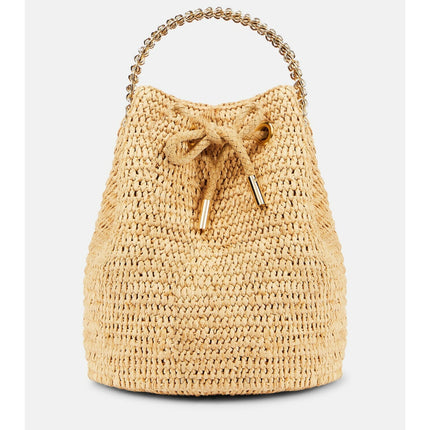 PACO RABANNE Natural Raffia Bucket Bag Gold Chain Link Top Handle Crossbody Bag
