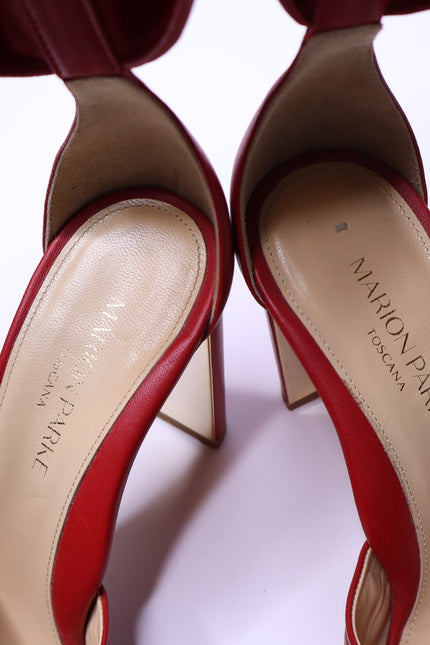 MARION PARKE Leather Ankle Tie Sandal Red Open Toe Blocked Heel Women's 38/US 8