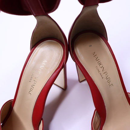 MARION PARKE Leather Ankle Tie Sandal Red Open Toe Blocked Heel Women's 38/US 8